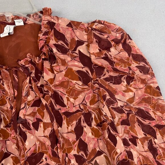 Joie Shirt Womens Large Brown Leaves Boho Sheer Swiss Dot Chiffon Tie Ruffle - Picture 4 of 15